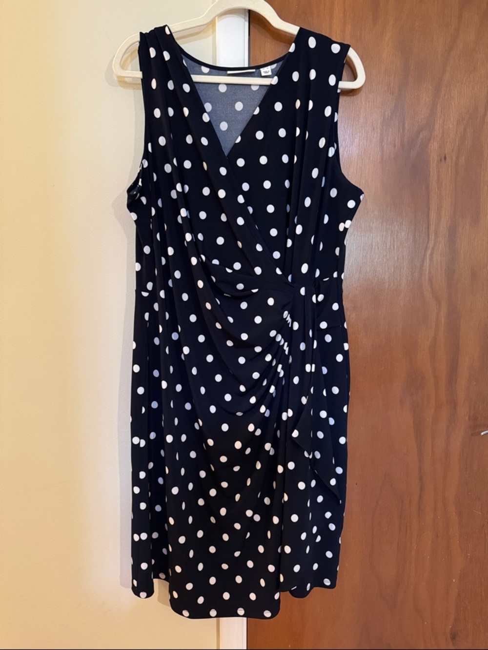 Susan Graver Liquid Knit Dark Navy Dress with White Polka Dots - Sleeveless